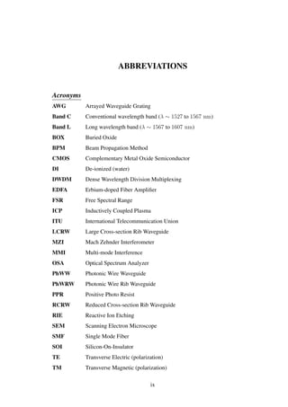 ABBREVIATIONS
Acronyms
AWG Arrayed Waveguide Grating
Band C Conventional wavelength band (λ ∼ 1527 to 1567 nm)
Band L Long wavelength band (λ ∼ 1567 to 1607 nm)
BOX Buried Oxide
BPM Beam Propagation Method
CMOS Complementary Metal Oxide Semiconductor
DI De-ionized (water)
DWDM Dense Wavelength Division Multiplexing
EDFA Erbium-doped Fiber Ampliﬁer
FSR Free Spectral Range
ICP Inductively Coupled Plasma
ITU International Telecommunication Union
LCRW Large Cross-section Rib Waveguide
MZI Mach Zehnder Interferometer
MMI Multi-mode Interference
OSA Optical Spectrum Analyzer
PhWW Photonic Wire Waveguide
PhWRW Photonic Wire Rib Waveguide
PPR Positive Photo Resist
RCRW Reduced Cross-section Rib Waveguide
RIE Reactive Ion Etching
SEM Scanning Electron Microscope
SMF Single Mode Fiber
SOI Silicon-On-Insulator
TE Transverse Electric (polarization)
TM Transverse Magnetic (polarization)
ix
 