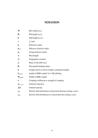 NOTATION
W Rib width [µm]
H Rib height [µm]
h Slab height [µm]
r h
H
ratio
n Refractive index
neff Effective refractive index
ng Group refractive index
λ Wavelength
β Propagation constant
φ Phase of the EM wave
R Waveguide bending radius
L Length (refers to device length, component length)
Lmmi length in MMI coupler for 3-dB splitting
Wmmi Width in MMI coupler
κ Coupling coefﬁcient or strength of coupling
δch−ex Channel extinction
∆λ Channel spacing
ωx Electric ﬁeld distribution in horizontal direction (along x-axis)
ωy Electric ﬁeld distribution in vertical direction (along y-axis)
xi
 