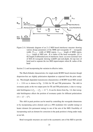 Lmzi
Wmzi
Figure 2.11: Schematic diagram of an 2×2 MZI based interleaver structure showing
various design parameters of the MMI and waveguides W− waveguide
width, Wmmi− width of MMI region, Lmmi− length of MMI region,
Lmzi− length of MZI arm , R is radius of the bend waveguide, ∆L is
the length of differential arm of interleaver. Inset: (a) cross-sectional view
of SOI rib waveguide showing widthW and etch-depth, (b) top-view of
bend used to separate the two MZI inputs/outputs where R- radius of the
bend
Section 2.1) and incorporating the variation in effective index.
The Mach-Zehnder characteristics for single-mode RCRW based structure though
dispersion-free are slightly polarization dependent as expected from the prior analy-
sis. Wavelength dependent transmission characteristics of RCRW based MZI around
λ = 1550 nm is shown in Fig. 2.13(b) for TE and TM polarization. The shift in
resonance peaks at the two output ports for TE and TM polarization, is due to waveg-
uide birefringence (nTE
eff − nTM
eff ∼ 10−3
). It can be shown from Eq. 2.4, that waveg-
uide birefringence affects the position of resonance peaks for different polarizations
(δλ = λTE
r − λTM
r ).
This shift in peak position can be tuned by controlling the waveguide dimensions
or by incorporating active element such as a PIN modulator (for variable tuning) or
heater element (for permanent tuning) in one of the arm of the MZI. Feasibility of
incorporating such an element for correction in the peak position is being under study
at our lab.
Bend waveguide structures are used in the asymmetric arm of the MZI to provide
21
 