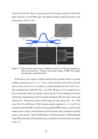 realizing rib structure. Here, it is necessary to have anisotropic etching of silicon with
better selectivity over the PPR mask. The etching chemistry optimized earlier is used
for the present work [37, 47].
Inset (a) Inset (b)
Figure 3.5: Typical microscopic images of different sections of a fabricated interleaver.
Inset (a) & Inset (b) : Confocal microscope images of MZI. The images
correspond to sample IOL-UK 2
In this process, the sample is initially loaded into the chamber which is evacuated
to obtain a base pressure of 3 × 10−7
mTorr. Then a mixture of SF6 and Ar is passed,
each at a ﬂow rate of 20 sccm to achieve a constant chamber pressure of 200 mTorr.
The oscillating electric ﬁeld (RF freq: 13.56 MHz, RF power: 150 W) applied across
the two electrodes inside the chamber, ionizes the gas (Ar) by stripping the electron
and thereby creating plasma which eventually disintegrates SF6 that etches silicon and
releases SiF4. Our previous devices etched using the same recipe (SF6: Ar:: 20:20
sccm, 200 mTorr, RF Power: 150 W) showed a surface roughness of ∼ 40 nm [37]. As
mentioned earlier the RIE is carried out using patterned PPR acting as a mask over the
sample surface, which is removed from top of rib structure after completion of etching
process using acetone. Typical SEM images of different sections of MZI fabricated
using PPR mask along with optimized process parameters discussed earlier are shown
in Fig. 3.5.
30
 