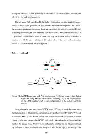 waveguide loss (∼ 4.2 dB), bend-induced losses (∼ 2.25 dB/bend) and insertion loss
of ∼ 3 dB for each MMI couplers.
The fabricated MZI were found to be slightly polarization sensitive due to the asym-
metric cross-sectional geometry of reduced cross-section rib waveguides. As a result,
the resonance peaks in transmission characteristics of interleaver when operated for two
different polarization (TE and TM) were found to be shifted. One of the fabricated MZI
response has been recorded using an OSA. The response showed an inter-channel ex-
tinction of > 15 dB (at a resolution of 0.8 pm) at either of the ports with an insertion
loss of ∼ 15 dB at channel resonance peaks.
5.2 Outlook
4th Aug 2011
(b)
κ1 κ2 κ3 κ4
(a)
κ1 κ1
P+ N+
Figure 5.1: (a) MZI integrated with PIN structure, and (b) Higher order 3- stage lattice
type ﬁlter using MZI to achieve band ﬂattening. κi is the coupling ratio
of the MMI coupler, which is a crucial parameter in the higher order ﬁlter
design.
Integrating a ring structure with an RCRW based MZI, may be carried out to achieve
ﬂat-band response. Alternatively, such interleavers can be designed with RCRW-based
asymmetric MZI. RCRW based devices can provide improved polarization and inter
channel extinctions compared to LCRW, with smaller foot-prints due to tighter conﬁne-
ment of the guided mode. Moreover, re-conﬁgurable interleavers can be demonstrated
by having an external heating element integrated with the package or an on-chip NiCr
46
 