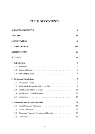 TABLE OF CONTENTS
ACKNOWLEDGEMENTS ii
ABSTRACT iii
LIST OF TABLES vi
LIST OF FIGURES viii
ABBREVIATIONS ix
NOTATION xi
1 Introduction 1
1.1 Motivation . . . . . . . . . . . . . . . . . . . . . . . . . . . . . . . 1
1.2 Research Objective . . . . . . . . . . . . . . . . . . . . . . . . . . 6
1.3 Thesis Organization . . . . . . . . . . . . . . . . . . . . . . . . . . 6
2 Design and Simulations 7
2.1 Background Theory . . . . . . . . . . . . . . . . . . . . . . . . . . 7
2.2 Single-mode Waveguide with 2- µm SOI . . . . . . . . . . . . . . 9
2.3 MMI based 3-dB Power Splitter . . . . . . . . . . . . . . . . . . . 14
2.4 MMI Based 2×2 MZI Structure . . . . . . . . . . . . . . . . . . . 17
2.5 Conclusions . . . . . . . . . . . . . . . . . . . . . . . . . . . . . . 24
3 Photomask and Device Fabrication 25
3.1 Mask Design and Fabrication . . . . . . . . . . . . . . . . . . . . . 25
3.2 Device Fabrication . . . . . . . . . . . . . . . . . . . . . . . . . . 26
3.3 Waveguide Properties: Experimental Results . . . . . . . . . . . . . 33
3.4 Conclusions . . . . . . . . . . . . . . . . . . . . . . . . . . . . . . 36
iv
 