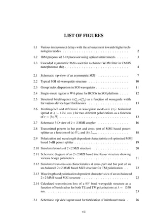 LIST OF FIGURES
1.1 Various interconnect delays with the advancement towards higher tech-
nological nodes . . . . . . . . . . . . . . . . . . . . . . . . . . . . 2
1.2 IBM proposal of 3-D processor using optical interconnects . . . . . 3
1.3 Cascaded asymmetric MZIs used for 4-channel WDM ﬁlter in CMOS
nanophotonic chip . . . . . . . . . . . . . . . . . . . . . . . . . . . 4
2.1 Schematic top-view of an asymmetric MZI . . . . . . . . . . . . . 7
2.2 Typical SOI rib waveguide structure . . . . . . . . . . . . . . . . . 10
2.3 Group index dispersion in SOI waveguides . . . . . . . . . . . . . . 11
2.4 Single-mode region in W-h plane for RCRW in SOI platform . . . . 12
2.5 Structural birefringence (nTE
eff -nTM
eff ) as a function of waveguide width
for various device layer thicknesses . . . . . . . . . . . . . . . . . 13
2.6 Birefringence and difference in waveguide mode-size (1/e horizontal
spread at λ ∼ 1550 nm ) for two different polarizations as a function
of r = (h/H) . . . . . . . . . . . . . . . . . . . . . . . . . . . . . 13
2.7 Schematic 3-D view of 2 × 2 MMI coupler . . . . . . . . . . . . . 16
2.8 Transmitted powers in bar port and cross port of MMI based power-
splitter as a function of (a) Wit and (b) Lmmi . . . . . . . . . . . . . 18
2.9 Polarization and wavelength dependent characteristics of optimized MMI
based 3-dB power splitter . . . . . . . . . . . . . . . . . . . . . . . 19
2.10 Simulated results of 2×2 MZI structure . . . . . . . . . . . . . . . 20
2.11 Schematic diagram of an 2×2 MZI based interleaver structure showing
various design parameters . . . . . . . . . . . . . . . . . . . . . . . 21
2.12 Simulated transmission characteristics at cross port and bar port of an
un-balanced 2×2 MMI based MZI structure for TM polarization . . 22
2.13 Wavelength and polarization dependent characteristics of an un-balanced
2×2 MMI based MZI structure . . . . . . . . . . . . . . . . . . . . 22
2.14 Calculated transmission loss of a 90◦
bend waveguide structure as a
function of bend radius for both TE and TM polarizations at λ ∼ 1550
nm. . . . . . . . . . . . . . . . . . . . . . . . . . . . . . . . . . . 23
3.1 Schematic top view layout used for fabrication of interleaver mask . 26
vii
 