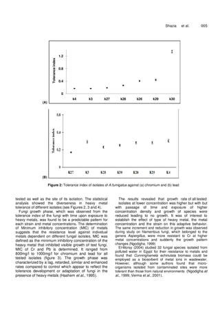 5
Shazia et al. 005
(A)
(B)
Figure 2: Tolerance index of isolates of A.fumigatus against (a) chromium and (b) lead
tested as well as the site of its isolation. The statistical
analysis showed the diverseness in heavy metal
tolerance of different isolates (see Figures 2, 3 and 4).
Fungi growth phase, which was observed from the
tolerance index of the fungi with time upon exposure to
heavy metals, was found to be a predictable pattern for
each strain and metal concentrations. The determination
of Minimum inhibitory concentration (MIC) of metals
suggests that the resistance level against individual
metals dependent on different fungal isolates. MIC was
defined as the minimum inhibitory concentration of the
heavy metal that inhibited visible growth of test fungi.
MIC of Cr and Pb is determined. It ranged from
800mg/l to 1000mg/l for chromium and lead for all
tested isolates (figure 3). The growth phase was
characterized by a lag, retarded, similar and enhanced
rates compared to control which appear to reflect the
tolerance development or adaptation of fungi in the
presence of heavy metals (Hashem et al., 1995).
The results revealed that growth rate of all tested
isolates at lower concentration was higher but with but
with passage of time and exposure of higher
concentration density and growth of species were
reduced leading to no growth. It was of interest to
establish the effect of type of heavy metal, the metal
concentration and the strain on this adaptive behavior.
The same increment and reduction in growth was observed
during study on filamentous fungi, which belonged to the
genera Aspergillus, were more resistant to Cr at higher
metal concentrations and suddenly the growth pattern
changes (Ngodigha, 1999)
El-Morsy (2004) studied 32 fungal species isolated from
polluted water in Egypt for their resistance to metals and
found that Cunninghamela echinulata biomass could be
employed as a biosorbent of metal ions in wastewater.
However, although some authors found that micro-
organisms isolated from contaminated sites were more
tolerant than those from natural environments (Ngodigha et
al., 1999; Verma et al., 2001).
0
0.4
0.8
1.2
k4 k3 k27 k28 k26 k29 k30
Toleranceindex
 