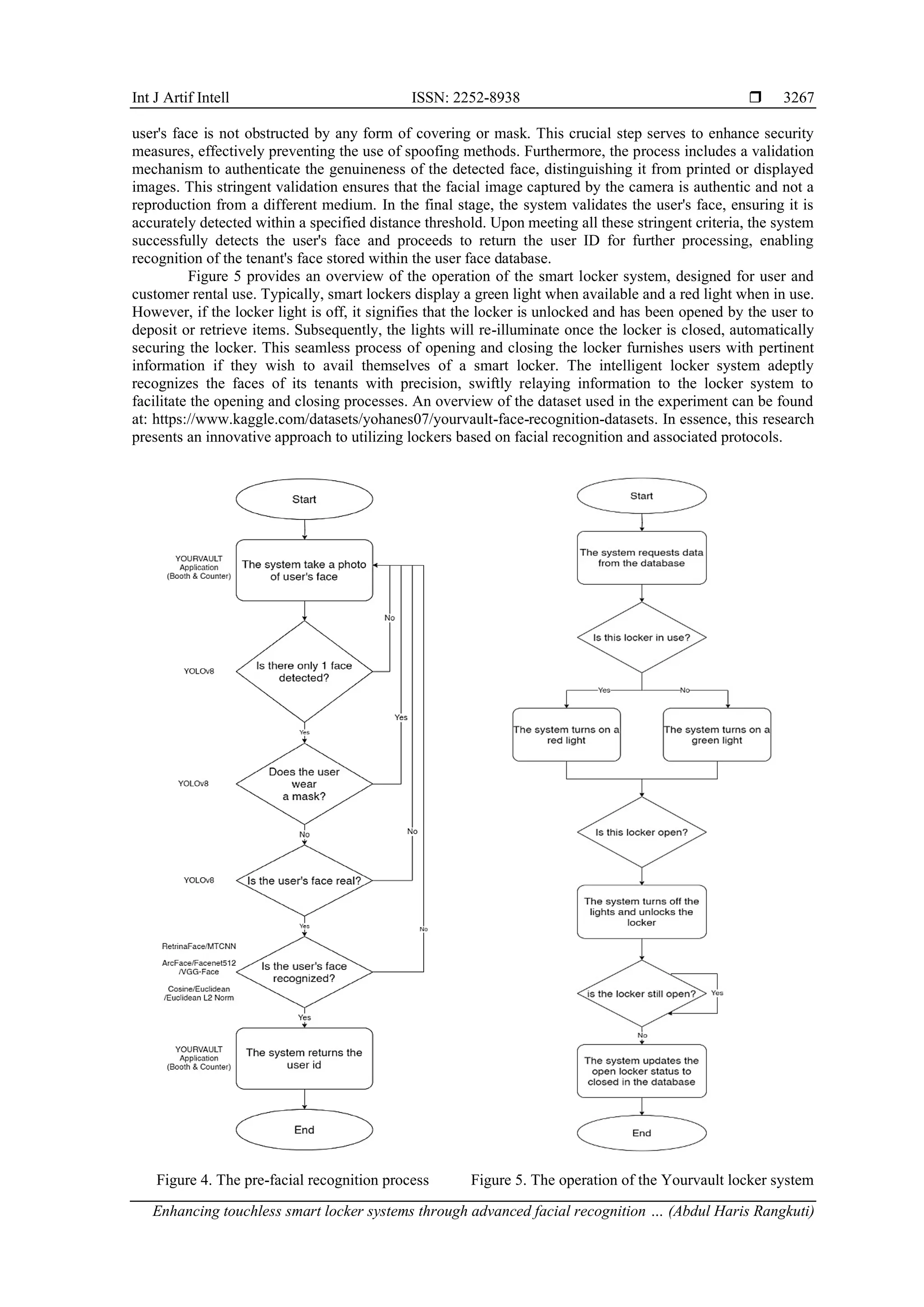 Int J Artif Intell ISSN: 2252-8938 
Enhancing touchless smart locker systems through advanced facial recognition … (Abdul Haris Rangkuti)
3267
user's face is not obstructed by any form of covering or mask. This crucial step serves to enhance security
measures, effectively preventing the use of spoofing methods. Furthermore, the process includes a validation
mechanism to authenticate the genuineness of the detected face, distinguishing it from printed or displayed
images. This stringent validation ensures that the facial image captured by the camera is authentic and not a
reproduction from a different medium. In the final stage, the system validates the user's face, ensuring it is
accurately detected within a specified distance threshold. Upon meeting all these stringent criteria, the system
successfully detects the user's face and proceeds to return the user ID for further processing, enabling
recognition of the tenant's face stored within the user face database.
Figure 5 provides an overview of the operation of the smart locker system, designed for user and
customer rental use. Typically, smart lockers display a green light when available and a red light when in use.
However, if the locker light is off, it signifies that the locker is unlocked and has been opened by the user to
deposit or retrieve items. Subsequently, the lights will re-illuminate once the locker is closed, automatically
securing the locker. This seamless process of opening and closing the locker furnishes users with pertinent
information if they wish to avail themselves of a smart locker. The intelligent locker system adeptly
recognizes the faces of its tenants with precision, swiftly relaying information to the locker system to
facilitate the opening and closing processes. An overview of the dataset used in the experiment can be found
at: https://www.kaggle.com/datasets/yohanes07/yourvault-face-recognition-datasets. In essence, this research
presents an innovative approach to utilizing lockers based on facial recognition and associated protocols.
Figure 4. The pre-facial recognition process Figure 5. The operation of the Yourvault locker system
 
