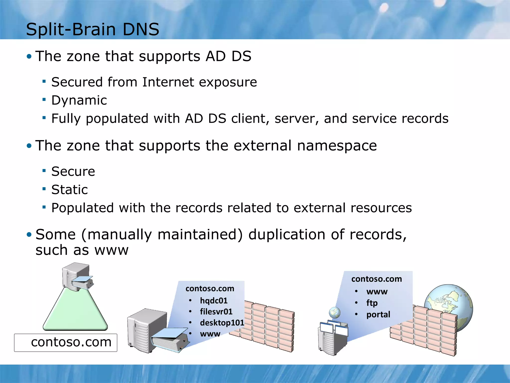 Split-Brain DNS The zone that supports AD DS Secured from Internet exposure Dynamic Fully populated with AD DS client, server, and service records The zone that supports the external namespace Secure Static Populated with the records related to external resources Some (manually maintained) duplication of records,  such as www contoso.com 