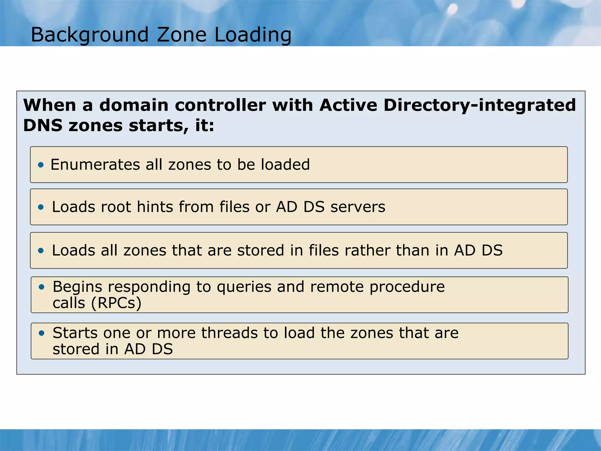 Background Zone Loading When a domain controller with Active Directory-integrated DNS zones starts, it: Enumerates all zones to be loaded  Loads root hints from files or AD DS servers  Loads all zones that are stored in files rather than in AD DS  Begins responding to queries and remote procedure calls (RPCs)  Starts one or more threads to load the zones that are  stored in AD DS  