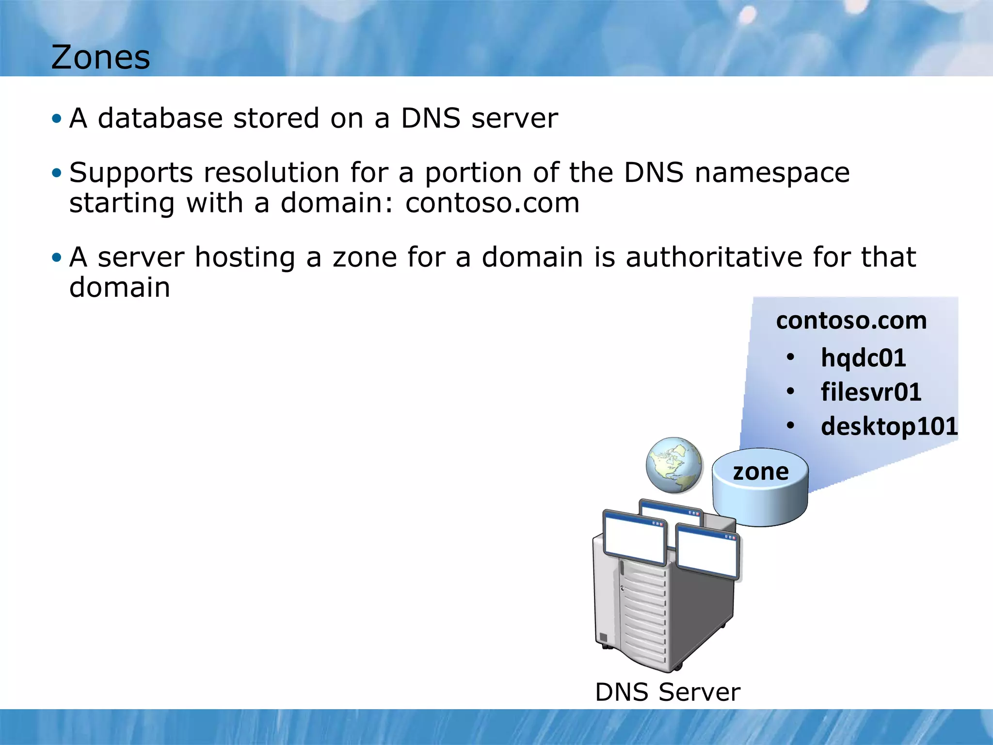 Zones A database stored on a DNS server Supports resolution for a portion of the DNS namespace starting with a domain: contoso.com A server hosting a zone for a domain is authoritative for that domain DNS Server 