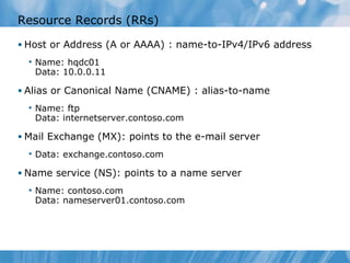 Resource Records (RRs) Host or Address (A or AAAA) : name-to-IPv4/IPv6 address Name: hqdc01 Data: 10.0.0.11 Alias or Canonical Name (CNAME) : alias-to-name Name: ftp Data: internetserver.contoso.com Mail Exchange (MX): points to the e-mail server Data: exchange.contoso.com Name service (NS): points to a name server Name: contoso.com Data: nameserver01.contoso.com 