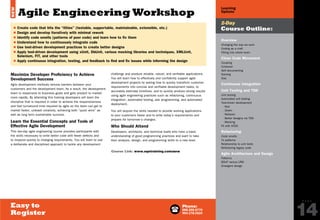 Phone:
888.268.8770
904.278.0524
P A G E
14
Learning
Options
Easy to
Register
Overview
Changing the way we work
Coding as a craft
Fitting into whole team
Clean Code Movement
Coupling
Cohesion
Self documenting
Naming
Size	
Continuous Integration
Unit Testing and TDD
Unit testing
Automated unit testing
Test-driven development
- Red
- Green
- Refactor
- Better designs via TDD
- Mocking
Fit with ATDD	
Refactoring
Code smells
To patterns
Relationship to unit tests
Refactoring legacy code
Agile Architecture and Design
Patterns
BDUF versus LRM
Emergent design
2-Day
Course Outline:
Maximize Developer Proficiency to Achieve
Development Success
Agile development methods remove barriers between your
customers and the development team. As a result, the development
team is responsive to business goals and gets product to market
more rapidly. By attending this training developers will learn the
discipline that is required in order to achieve the responsiveness
and fast turnaround time required by agile so the team can get to
market faster, unleash creativity, achieving both “quick wins” as
well as long term sustainable success.
Learn the Essential Concepts and Tools of
Effective Agile Development
This two-day agile engineering course provides participants with
the skills necessary to write better code with fewer defects and
to respond quickly to changing requirements. You will learn to use
a deliberate and disciplined approach to tackle any development
challenge and produce reliable, robust, and verifiable applications.
You will learn how to effectively and confidently support agile
development projects by seeing how to quickly transform customer
requirements into concise and verifiable development tasks, to
accurately estimate timelines, and to quickly produce strong results
using agile engineering practices such as refactoring, continuous
integration, automated testing, pair programming, and automated
deployment.
You will acquire the skills needed to provide working applications
to your customers faster and to write today’s requirements and
prepare for tomorrow’s changes.
Who Should Attend
Developers, architects, and technical leads who have a basic
understanding of good programming practices and want to take
their analysis, design, and programming skills to a new level.
Agile Engineering Workshop
Course Link: www.sqetraining.com/aew
$ Create code that hits the “ilities” (testable, supportable, maintainable, extensible, etc.)
$ Design and develop iteratively with minimal rework
$ Identify code smells (patterns of poor code) and learn how to fix them
$ Understand how to continuously integrate code
$ Use test-driven development practices to create better designs
$ Apply test-driven development using xUnit, DbUnit, various mocking libraries and techniques, XMLUnit,
Selenium, FIT, and other tools
$ Apply continuous integration, testing, and feedback to find and fix issues while informing the design
NEW
PREVIOUS
NEXT
Email:
sqeinfo@sqe.com
Online:
www.sqetraining.com/agile
 