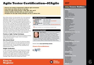 Phone:
888.268.8770
904.278.0524
Easy to
Register
P A G E
6
Learning
Options
Introduction
Validation
Verification
Exploration
Testing as a skill set
Testing to support customers
Testing to support developers
Testing to support stakeholders
Test matrix
Agility, grace, and flexibility
Agile Testing Origins
Agile testing history
Agile testing philosophy
Traditional vs. agile testing
Evolving lifecycle models
Evolving test approaches
Evolving test tools
Testing and the agile manifesto
Testing and agile principles
What is quality
What is done
Testing as a team approach
Teams and process
Requirements
Unit Testing
System and integration testing
Agile Planning and the User Story
Testing during iteration planning
Agile release train
Testing’s role in planning
Release Planning
Product backlog
Story tests
Constraints
Sizing stories
Backlog grooming
Testing activities in the sprint
Testing in the Heat of the Sprint
Continuous Integration
Test-Driven Development
Automating Unit Tests
Acceptance Test-Driven Development
Behaviour Driven Development
Scripting
Exploratory Testing
Non-Functional Testing
Release Testing
User Acceptance Testing
Live Testing
At Sprint’s End
Customer demo
Retrospective
Avoiding technical debt
Organizing Agile Testing
Measuring progress
Test documentation
Test environments
Bug management
Agile test automation
Organizational frameworks
Distributed agile teams
Risky agile transitions
Wrap up
2-Day Course Outline:
Agile software practices are being employed within many development
organizations worldwide. More and more test teams and testers are
participating in agile projects or are embedded within agile teams.
Many testers struggle to understand the agile development process
and their place in it. Learn the fundamentals of agile development, the
role of the tester in the agile team, and the agile testing processes.
From user story elicitation and grooming through development and
testing, this course prepares you to be a valuable member of an agile
development team. Explore the business and technology-facing tests
agile projects demand and how agile testers help the project succeed.
Learn about the techniques of Test-Driven Development (TDD) and
Acceptance Test-Driven Development (ATDD). Learn technical and team
skills testers need for success in the world of agile development.
Practice of Agile Testing Techniques
Explore agile testing processes in an informal and interactive workshop
setting. Examples are studied through a series of small group
exercises and discussions.
Who Should Attend
This course is appropriate for both novice and experienced software
testers. Developers expected to test within agile teams will find this
course extremely useful. Test and development managers also will
benefit from this course. A background of basic development and
testing processes is helpful.
ICAgile Certification
In order to receive your certification in Agile Testing from the ICAgile
you must first complete Fundamentals of Agile Certification. At the
completion of both courses you will be awarded your Agile Testing
certification by the ICAgile. Students not looking for certification
and only taking the Agile Testing course should already have a good
knowledge of agile principles and how agile teams function.
$ Discover how testing is implemented in different agile environments
$ Learn about user stories and how to test them
$ Explore key agile testing practices—ATDD, BDD, TDD, and ET
$ Examine technical and team skills you need for success
$ Recognize the main agile testing challenges and how to address them
Course Link: www.sqetraining.com/atc
Agile Tester Certification—ICAgile
Robert Sabourin has more than 30 years of management
experience leading teams of software development
professionals. A well-respected member of the software
engineering community, Robert has managed, trained,
mentored, and coached thousands of top professionals in
the field. He frequently speaks at conferences and writes
on software engineering, SQA, testing, management, and internationalization.
The author of I am a Bug!, the popular software testing children’s book,
Robert is an adjunct professor of Software Engineering at McGill University.
Instructor Spotlight
TW Washington, DC 	 Sept. 18–19, 2013
Anaheim, CA 	 Sept. 29–30, 2013 With STARWEST
TW Tampa, FL	 Oct. 23–24, 2013
TW San Francisco, CA	 Nov. 6–7, 2013
Boston, MA	 Nov. 10–11, 2013 With Agile Development Conf.
	
Public Course Dates
TW Indicates a Training Week course. Visit www.sqetraining.com/trainingweek for details.
Course Accreditations
Online:
www.sqetraining.com/agile
Email:
sqeinfo@sqe.com
PREVIOUS
NEXT
Public
 