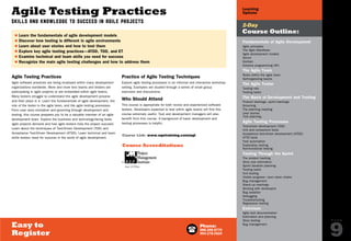 Phone:
888.268.8770
904.278.0524
Easy to
Register
P A G E
9
Learning
Options
Fundamentals of Agile Development
Agile principles
The Agile Manifesto
Agile development models
Scrum
Kanban
Extreme programming (XP)
The Agile Team
Roles within the agile team
Self-organizing teams
The Agile Tester
Testing role
Testing tasks
The Basis of Development and Testing
Product backlogs, sprint backlogs
Grooming
The planning meeting
User stories
Test planning
Agile Testing Processes
Test-driven development (TDD)
Unit and component tests
Acceptance test-driven development (ATDD)
ATTD tools
Test automation
Exploratory testing
Non-functional testing
Testing Through the Sprint
The product backlog
Story size estimation
Sprint iteration planning
Testing tasks
Unit testing
Visible progress—burn down charts
Bug management
Stand up meetings
Working with developers
Bug isolation
Debugging
Troubleshooting
Regression testing
Exercises
Agile test documentation
Estimation and planning
Story testing
Bug management
2-Day
Course Outline:
Agile Testing Practices
Agile software practices are being employed within many development
organizations worldwide. More and more test teams and testers are
participating in agile projects or are embedded within agile teams.
Many testers struggle to understand the agile development process
and their place in it. Learn the fundamentals of agile development, the
role of the tester in the agile team, and the agile testing processes.
From user story elicitation and grooming through development and
testing, this course prepares you to be a valuable member of an agile
development team. Explore the business and technology-facing tests
agile projects demand and how agile testers help the project succeed.
Learn about the techniques of Test-Driven Development (TDD) and
Acceptance Test-Driven Development (ATDD). Learn technical and team
skills testers need for success in the world of agile development.
Practice of Agile Testing Techniques
Explore agile testing processes in an informal and interactive workshop
setting. Examples are studied through a series of small group
exercises and discussions.
Who Should Attend
This course is appropriate for both novice and experienced software
testers. Developers expected to test within agile teams will find this
course extremely useful. Test and development managers will also
benefit from this course. A background of basic development and
testing processes is helpful.
$ Learn the fundamentals of agile development models
$ Discover how testing is different in agile environments
$ Learn about user stories and how to test them
$ Explore key agile testing practices—ATDD, TDD, and ET
$ Examine technical and team skills you need for success
$ Recognize the main agile testing challenges and how to address them
Course Link: www.sqetraining.com/agt
Agile Testing Practices
Skills and Knowledge to Succeed in Agile Projects
Earn 15 PDUs
Course Accreditations
Online:
www.sqetraining.com/agile
Email:
sqeinfo@sqe.com
PREVIOUS
NEXT
 