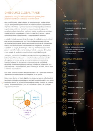 ONESOURCE GLOBAL TRADE
A primeira solução verdadeiramente global para
gerenciamento de comércio internacional.
ONESOURCE Global Trade (Powered by Thomson Reuters Softway) é uma
solução abrangente de gerenciamento de comércio exterior que permite às
empresas automatizar e gerenciar processos comerciais globais complexos,
respeitando as exigências dos regimes aduaneiros, e ajuda a garantir o
compliance tributário e tarifário. A primeira solução verdadeiramente global,
integra-se com os principais ERPs, como Oracle e SAP, e permite a gestão
contínua de comércio internacional e o compliance entre empresas.
A solução é voltada para atender as demandas de gestão de comércio exterior
dos clientes, promove controle total e permite diversas configurações de
personalização do sistema, além de, possibilitar customizações para atender
diversos processos de comércio exterior. Mudanças legais são atualizadas
e refletidas na solução, de forma que o risco seja minimizado e os usuários
possam estar informados e confiantes durante todo o processo. O resultado
é uma solução de gestão de comércio exterior completa e funcional.
Além disso, juntamente com ONESOURCE Transfer Pricing e ONESOURCE
Indirect Tax, a Thomson Reuters é o único fornecedor que oferece soluções
abrangentes de transfer pricing, gerenciamento de comércio exterior e
impostos indiretos. Do alinhamento e monitoramento de valoração à
determinação de impostos indiretos e análise completa do landed cost, você
pode simplificar o fluxo de trabalho, evitar a reinserção de dados, reduzir erros
e melhorar seu compliance.
Com nosso conjunto completo de produtos ONESOURCE, você pode fazer uma
análise única e centralizada de suas operações fiscais globais.
Hoje, nossos clientes no Brasil, já podem contar com uma serie de facilidades e
benefícios na solução, pois agregamos valor adicionado integrações com outros
produtos e serviços do portfólio Thomson Reuters Brasil, conteúdo de comércio
exterior, ferramenta eletrônica para de transação de câmbio e de validação
de parceiros comerciais.
DESTINADO PARA:
+ Importadores e Exportadores
+ Profissionais da cadeia de Supply
Chain global
+ Alta gestão (C level)
+ Departamento Jurídico (compliance)
ATUAL BASE DE CLIENTES:
+ Mais de 1.200 clientes incluindo
350 grupos econômicos dos
mais importantes e diferentes
áreas de atuação
INDÚSTRIAS ATENDIDAS:
Automotivo
Produtos Químicos
Eletrônica & IT
Alimentos & Agricultura
Industrial & Maquinaria
Petróleo & Gás
Produtos farmacêuticos &
Cuidados de saúde
Varejo
Commodities
PREÇOS DE
TRASFÊRENCIA
IMPOSTO
INDIRETO
GESTÃO DE
COMÉRCIO
GLOBAL
 
