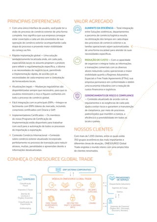 CONHEÇA O ONESOURCE GLOBAL TRADE
PRINCIPAIS DIFERENCIAIS
++ Com uma única interface de usuário, você pode ter a
visão do processo de comércio exterior de uma forma
completa. Isso significa que sua empresa consegue
estar conectada a cada um dos envolvidos de sua
operação de comércio exterior acompanhando cada
etapa do processo e provendo maior visibilidade
do começo ao fim.
++ Rápida implantação global — Uma solução
verdadeiramente localizada onde, em cada país,
especialistas locais no assunto projetam o produto
para refletir a regulamentação específica, o idioma
e as necessidades de negócio local, permitindo
a implementação rápida, de acordo com as
necessidades de cada empresa sem a contratação
de fornecedores locais.
++ Atualizações legais — Mudanças regulatórias são
disponibilizadas sempre que necessário, para que os
usuários minimizem o risco e fiquem confiantes em
todo o processo de comércio global.
++ Fácil integração com os principais ERPs —Integra-se
facilmente com ERPs líderes de mercado, incluindo
conectores certificados com Oracle e SAP.
++ Implementadores Certificados — Os membros
do nosso Programa de Certificação de
Implementação estão disponíveis para trabalhar
com você para a automação de todos os processos
de importação e exportação.
++ Conteúdo Comércio Internacional —Conteúdo
sobre comércio exterior atualizado incorporado
perfeitamente no processo de transação para reduzir
atrasos, multas, penalidades e apreensões devido a
informações desatualizadas.
VALOR AGREGADO
AUMENTO DA EFICIÊNCIA — Total integração
entre Soluções sistêmicas, departamentos
e parceiros de comércio/logística resulta
na otimização dos tempos em cada etapa
dos processos de comercio exterior e as
tarefas operacionais sejam automatizadas
de uma forma escalável para atender às suas
necessidades específicas.
REDUÇÃO DE CUSTO — Com a capacidade
de organizar e integrar todas as informações
e transações comerciais com os diversos
atores reduzindo custos operacionais e maior
visibilidade quanto a Regimes Aduaneiros
Especiais e Free Trade Agreements (FTAs), sua
empresa permanece em conformidade e obtém
uma economia tributária com a redução de
custos financeiros e logísticos.
GERENCIAMENTO DE RISCO E COMPLIANCE
— Conteúdo atualizado de acordo com os
regulamentos e as exigências de cada país
ajuda a evitar riscos e garantem a manutenção
de compliance, por meio de processos
padronizados que mantêm a clareza, a
eficiência e a previsibilidade em todos os
locais e países.
NOSSOS CLIENTES
Com mais de 1.200 clientes, entre os quais estão
350 grupos econômicos das mais importantes e
diferentes áreas de atuação:, ONESOURCE Global
Trade engloba o mundo inteiro com uma ampla lista
de clientes renomados.
REGIMES
ESPECIAIS
MÓDULOS ONESOURCE GLOBAL TRADE
PROVEDORES
DE SERVIÇO
RESTRICTED
PARTY SCREENING
(RPS)
CÂMBIOFREE TRADE
AGREEMENTS
(FTAs)
ERP SISTEMA CORPORATIVO
CONTEÚDO
Despachante Aduaneiro
Agentes de Carga
Outros
Sistemas de Governo/
Órgãos (EX.: Siscomex,
Siscoserv, Novoex)
Classiﬁcação
Fiscal
Impostos e Taxas
Alertas de
Licenças e
Órgãos Anuentes
Classiﬁcação de
Exportação
Antidumping
IMPORTAÇÃO EXPORTAÇÃOSISCOSERV
 