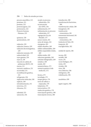 306 | Índice de entradas por tema
proceso anaeróbico, 215
proteínas, 221
protistas, 222
protooncogenes, 222
protozoarios, 222
Proyecto Genoma
Humano, 223
quimeras, 228
quimiosíntesis, 228
radiación, 229
radiación cósmica, 229
radiación electromagnética,
229
radiación ionizante, 229
radiactividad, 230
rayos gamma, 230
rayos X, 230
reacción en cadena de
polimerasa (RCP), 230
reactor, 231
reactores catalíticos, 231
recesividad, 231
recombinación genética,
232
refrigerante, 236
replicación molecular, 240
replicón, 240
retroalimentación, 251
retrovirus, 251
ribosoma, 251
salinidad, 255
saturación, 256
secado en procesos
industriales, 256
secuenciación
(de ADN), 256
sedimentación, 257
sedimentación en procesos
industriales, 257
segregación (Ley de
Mendel), 257
sensor remoto, 261
series de tiempo, 261
sinergismo, 263
sólidos disueltos, 269
sólidos sedimentables, 269
sólidos suspendidos totales,
269
sólidos totales, 269
soluciones gastadas, 269
solventes halogenados, 269
somático, 269
sonido, 269
sustancia básica, 272
sustancia química (vida
media de), 272
técnica, 275
tecnología, 275
terapia génica, 276
torres de relleno o
empacadas, 278
totipotente, 279
toxicocinética, 279
traducción genética, 279
transcripción genética, 280
transcripción inversa, 280
transducción, 280
transformación bacteriana,
280
transformación celular, 280
transgénesis, 281
translocación
cromosómica, 281
transmisión horizontal, 281
transposición
cromosómica, 281
traslación de Nick, 281
trasposón, 281
triacilglicéridos, 282
unidad de reporte, 286
vacuna, 289
variable, 290
vector, 291
vector biológico, 291
virión, 295
viroides, 296
virus, 296
virus defectivo, 296
vitelogenina, 296
volatilización, 296
xenobiótico 299
zigoto (cigoto), 300
04-Glosario todo en uno entradas306 306 15/02/2011 09:19:51 p.m.
 