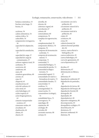 botánica sistemática, 53
brechas corta fuego, 53
bruma, 53
cactáceas, 54
cadena alimenticia, 54
cadena trófica, 54
caducifolio, 54
campamentos tortugueros,
56
capacidad de adaptación,
57
capacidad de asimilación,
57
capacidad de carga, 57
capacidad de carga de
contaminantes, 57
carbono orgánico total, 59
cardumen, 59
carnívoros, 60
catádromo, 60
cayos, 60
cazadores generalistas, 60
cenotes, 61
cepa, 62
chaparral, 63
cianobacterias, 63
ciclo del carbono, 63
ciclo estral, 63
ciclo hidrológico, 63
ciclón tropical, 63
ciclos biogeoquímicos,
63
cinturón transportador
oceánico, 63
cinturones verdes, 64
circadiano, 64
clasificación, 64
clímax, 65
cliserie, 65
clorofila, 66
clorosis, 66
cobertura vegetal, 66
coevolución, 67
colonia, 68
comensalismo, 69
competencia, 70
complejo de regeneración,
70
complementaridad, 70
componente abiótico, 70
composta, 70
composta de fermentación
acelerada, 71
composta de terminación
natural, 71
compostaje, 71
comunidad, 71
comunidad biológica, 71
comunidad de parche, 72
comunidad ecológica
terrestre, 72
comunidad vegetal, 72
comunidades de matriz o
formadoras de matriz, 72
comunidades lineales, 72
conectividad, 73
coníferas, 74
consanguinidad, 74
conservación, 74
consumidores (ecología),
74
contabilidad física, 75
convergencia, 79
coprofagia, 80
copulación, 80
corología, 80
corredor, 80
corrientes marinas, 80
cortejar, 81
crecimiento cero de la
población, 82
crecimiento natural de la
población, 82
crecimiento total de la
población, 83
cripto, 83
crustáceos, 84
cruza, 84
cubierta forestal, 84
cubierta forestal (pérdida
de), 84
cuenca, cuenca fluvial o
hidrográfica, 84
cuenca endorreica, 85
cuenca hidrológica, 85
curva de agotamiento, 85
curva hipsométrica, 85
deciduo, 87
deforestación, 87
deforestación en México,
87
deforestar, 87
degradación ambiental, 87
degradación de pastizales,
88
degradación de tierras, 88
degradación del bosque, 88
degradación forestal, 88
demografía, 89
depredador, 89
depredador(es), 89
depresión endogámica, 90
descomposición, 93
desequilibrio ecológico, 93
desertificación, 93
desinencia, 93
deterioro ambiental, 95
diatomas, 96
Ecología, restauración, conservación, vida silvestre | 311
04-Glosario todo en uno entradas311 311 15/02/2011 09:19:54 p.m.
 