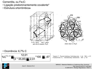 Cementita, ou Fe3C:
• Ligação predominantemente covalente*
• Estrutura ortorrômbica#
• Ocorrência: 6,7% C
%CFe 3 C 12,01
(3 * 55,85)
*100 ,67
2,01
*Haasen, P. Physical metallurgy Cambridge press 3. ed. 1984 p. 147
# Goldschmidt, H. J. Interstitial alloys Butterworths 1967 p. 103
MR6430 - Materiais Metálicos e Cerâmicos (Eng. Química)
Aula 6 - Sistema Fe-C http://www.fei.edu.br/~rodrmagn
© 2009-2010 - Rodrigo Magnabosco -Slide 8
 
