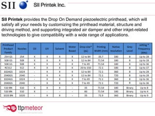 SII Printek provides the Drop On Demand piezoelectric printhead, which will
satisfy all your needs by customizing the printhead material, structure and
driving method, and supporting integrated air damper and other inkjet-related
technologies to give compatibility with a wide range of applications.
 