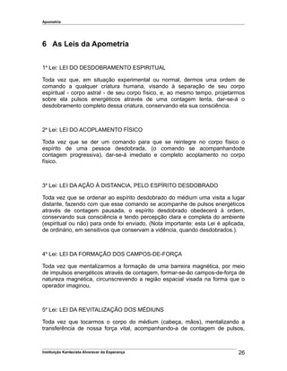 Apometria
6 As Leis da Apometria
1a
Lei: LEI DO DESDOBRAMENTO ESPIRITUAL
Toda vez que, em situação experimental ou normal, dermos uma ordem de
comando a qualquer criatura humana, visando à separação de seu corpo
espiritual - corpo astral - de seu corpo físico, e, ao mesmo tempo, projetarmos
sobre ela pulsos energéticos através de uma contagem lenta, dar-se-á o
desdobramento completo dessa criatura, conservando ela sua consciência.
2a
Lei: LEI DO ACOPLAMENTO FÍSICO
Toda vez que se der um comando para que se reintegre no corpo físico o
espírito de uma pessoa desdobrada, (o comando se acompanhandode
contagem progressiva), dar-se-á imediato e completo acoplamento no corpo
físico.
3a
Lei: LEI DA AÇÃO À DISTANCIA, PELO ESPÍRITO DESDOBRADO
Toda vez que se ordenar ao espírito desdobrado do médium uma visita a lugar
distante, fazendo com que esse comando se acompanhe de pulsos energéticos
através de contagem pausada, o espírito desdobrado obedecerá à ordem,
conservando sua consciência e tendo percepção clara e completa do ambiente
(espiritual ou não) para onde foi enviado. (Nota importante: esta Lei é aplicada,
de ordinário, em sensitivos que conservam a vidência, quando desdobrados.).
4a
Lei: LEI DA FORMAÇÃO DOS CAMPOS-DE-FORÇA
Toda vez que mentalizarmos a formação de uma barreira magnética, por meio
de impulsos energéticos através de contagem, formar-se-ão campos-de-força de
natureza magnética, circunscrevendo a região espacial visada na forma que o
operador imaginou.
5a
Lei: LEI DA REVITALIZAÇÃO DOS MÉDIUNS
Toda vez que tocarmos o corpo do médium (cabeça, mãos), mentalizando a
transferência de nossa força vital, acompanhando-a de contagem de pulsos,
Instituição Kardecista Alvorecer da Esperança 26
 