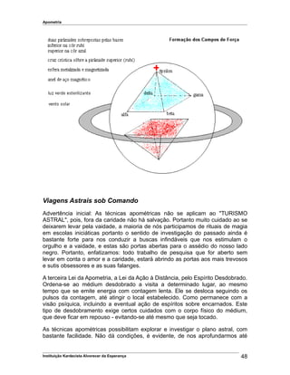 Apometria
Viagens Astrais sob Comando
Advertência inicial: As técnicas apométricas não se aplicam ao "TURISMO
ASTRAL", pois, fora da caridade não há salvação. Portanto muito cuidado ao se
deixarem levar pela vaidade, a maioria de nós participamos de rituais de magia
em escolas iniciáticas portanto o sentido de investigação do passado ainda é
bastante forte para nos conduzir a buscas infindáveis que nos estimulam o
orgulho e a vaidade, e estas são portas abertas para o assédio do nosso lado
negro. Portanto, enfatizamos: todo trabalho de pesquisa que for aberto sem
levar em conta o amor e a caridade, estará abrindo as portas aos mais trevosos
e sutis obsessores e as suas falanges.
A terceira Lei da Apometria, a Lei da Ação à Distância, pelo Espírito Desdobrado.
Ordena-se ao médium desdobrado a visita a determinado lugar, ao mesmo
tempo que se emite energia com contagem lenta. Ele se desloca seguindo os
pulsos da contagem, até atingir o local estabelecido. Como permanece com a
visão psíquica, incluindo a eventual ação de espíritos sobre encarnados. Este
tipo de desdobramento exige certos cuidados com o corpo físico do médium,
que deve ficar em repouso - evitando-se até mesmo que seja tocado.
As técnicas apométricas possibilitam explorar e investigar o plano astral, com
bastante facilidade. Não dá condições, é evidente, de nos aprofundarmos até
Instituição Kardecista Alvorecer da Esperança 48
 