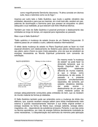 Apometria
como magnificamente Demócrito descreveu: "A alma consiste em átomos
sutis, lisos e redondos como os do fogo.".
Usamos por outro lado o Salto Quântico, que muda o padrão vibratório das
entidades, elevando-o para que as mesmas, em nível mais alto, aceitem em paz,
palavras de doutrinação e harmonia para que possam se enquadrar no plano
adequado a sua realidade, já que estavam sob forte influência telúrica.
Também por meio do Salto Quântico é possível promover o deslocamento das
entidades ao longo do tempo, em especial para regressões ao passado.
Mas o que é Salto Quântico?
"Salto quântico é mudança de estado brusca de um Sistema Corpuscular. O
sistema passa de um estado a outro, saltando estados intermediários".
O efeito desta mudança de estado no Plano Espiritual pode se fazer no nível
espacial-vibratório com deslocamento do Sistema para planos diferenciados de
seu plano, para o futuro ou para níveis passados, uma vez que se canalizem as
energias necessárias ao Mundo Espiritual juntamente com comando de
solicitação.
Do mesmo modo "a mudança
de estado" se pode fazer na
dimensão temporal, que no
Mundo Espiritual tem um
significado totalmente
diferente do mundo material,
já que o tempo, como
entendemos, lá não existe. O
passado e o presente
subsistem simultaneamente
separados, tão somente, por
estados vibratórios distintos,
daí poder ocorrer o
deslocamento de um para os
outros mediante pulsos de
energia adequadamente conduzidos pelas entidades do bem, que os recebem
do mundo material de formas já relatadas.
O Salto Quântico também pode ser entendido como a mudança de órbita dos
elétrons, que, quando recebem energia saltam para órbita imediatamente mais
externa e quando necessariamente retornam a sua órbita original emitem a
energia recebida na forma de fótons (luz), energia radiante, energia eletro-
magnética, etc... dependendo da substância emissora. Portanto: o uso das cores
na técnica apométrica, por meio de energia fotônica devidamente modulada às
cores necessárias; / a despolarização dos estímulos da memória pela aplicação
Instituição Kardecista Alvorecer da Esperança 61
 