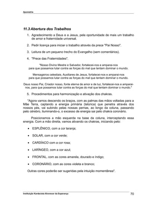 Apometria
11.3 Abertura dos Trabalhos
1. Agradecimento a Deus e a Jesus, pela oportunidade de mais um trabalho
de amor e fraternidade universal.
2. Pedir licença para iniciar o trabalho através da prece "Pai Nosso".
3. Leitura de um pequeno trecho do Evangelho (sem comentários).
4. "Prece das Fraternidades".
"Nosso Divino Mestre e Salvador, fortalecei-nos e amparai-nos
para que possamos lutar contra as forças do mal que tentam dominar o mundo.
Mensageiros celestiais, Auxiliares de Jesus, fortalecei-nos e amparai-nos
para que possamos lutar contra as forças do mal que tentam dominar o mundo.
Deus nosso Pai, Criador nosso, fonte eterna de amor e de luz, fortalecei-nos e amparai-
nos, para que possamos lutar contra as forças do mal que tentam dominar o mundo."
5. Procedimentos para harmonização e ativação dos chakras.
"Agora vamos descendo os braços, com as palmas das mãos voltadas para a
Mãe Terra, captando a energia primária (telúrica) que penetra através dos
nossos pés, vai subindo pelas nossas pernas, ao longo da coluna, passando
pelo cérebro, iluminando-o, o excesso de energia sai pelo chakra coronário.
Posicionamos a mão esquerda na base da coluna, interceptando essa
energia. Com a mão direita, vamos ativando os chakras, iniciando pelo:
• ESPLÊNICO, com a cor laranja;
• SOLAR, com a cor verde;
• CARDÍACO com a cor rosa;
• LARÍNGEO, com a cor azul;
• FRONTAL, com as cores amarela, dourado e índigo;
• CORONÁRIO, com as cores violeta e branco;
Outras cores poderão ser sugeridas pela intuição momentânea".
Instituição Kardecista Alvorecer da Esperança 70
 
