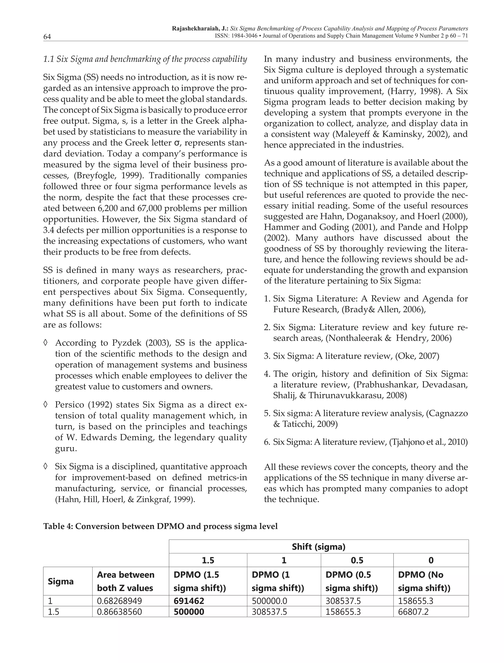 Rajashekharaiah, J.: Six Sigma Benchmarking of Process Capability Analysis and Mapping of Process Parameters
ISSN: 1984-3046 • Journal of Operations and Supply Chain Management Volume 9 Number 2 p 60 – 7164
1.1 Six Sigma and benchmarking of the process capability
Six Sigma (SS) needs no introduction, as it is now re-
garded as an intensive approach to improve the pro-
cess quality and be able to meet the global standards.
The concept of Six Sigma is basically to produce error
free output. Sigma, s, is a letter in the Greek alpha-
bet used by statisticians to measure the variability in
any process and the Greek letter σ, represents stan-
dard deviation. Today a company’s performance is
measured by the sigma level of their business pro-
cesses, (Breyfogle, 1999). Traditionally companies
followed three or four sigma performance levels as
the norm, despite the fact that these processes cre-
ated between 6,200 and 67,000 problems per million
opportunities. However, the Six Sigma standard of
3.4 defects per million opportunities is a response to
the increasing expectations of customers, who want
their products to be free from defects.
SS is defined in many ways as researchers, prac-
titioners, and corporate people have given differ-
ent perspectives about Six Sigma. Consequently,
many definitions have been put forth to indicate
what SS is all about. Some of the definitions of SS
are as follows:
◊	 According to Pyzdek (2003), SS is the applica-
tion of the scientific methods to the design and
operation of management systems and business
processes which enable employees to deliver the
greatest value to customers and owners.
◊	 Persico (1992) states Six Sigma as a direct ex-
tension of total quality management which, in
turn, is based on the principles and teachings
of W. Edwards Deming, the legendary quality
guru.
◊	 Six Sigma is a disciplined, quantitative approach
for improvement-based on defined metrics-in
manufacturing, service, or financial processes,
(Hahn, Hill, Hoerl, & Zinkgraf, 1999).
In many industry and business environments, the
Six Sigma culture is deployed through a systematic
and uniform approach and set of techniques for con-
tinuous quality improvement, (Harry, 1998). A Six
Sigma program leads to better decision making by
developing a system that prompts everyone in the
organization to collect, analyze, and display data in
a consistent way (Maleyeff & Kaminsky, 2002), and
hence appreciated in the industries.
As a good amount of literature is available about the
technique and applications of SS, a detailed descrip-
tion of SS technique is not attempted in this paper,
but useful references are quoted to provide the nec-
essary initial reading. Some of the useful resources
suggested are Hahn, Doganaksoy, and Hoerl (2000),
Hammer and Goding (2001), and Pande and Holpp
(2002). Many authors have discussed about the
goodness of SS by thoroughly reviewing the litera-
ture, and hence the following reviews should be ad-
equate for understanding the growth and expansion
of the literature pertaining to Six Sigma:
1.	Six Sigma Literature: A Review and Agenda for
Future Research, (Brady& Allen, 2006),
2.	Six Sigma: Literature review and key future re-
search areas, (Nonthaleerak & Hendry, 2006)
3.	Six Sigma: A literature review, (Oke, 2007)
4.	The origin, history and definition of Six Sigma:
a literature review, (Prabhushankar, Devadasan,
Shalij, & Thirunavukkarasu, 2008)
5.	Six sigma: A literature review analysis, (Cagnazzo
& Taticchi, 2009)
6.	Six Sigma: A literature review, (Tjahjono et al., 2010)
All these reviews cover the concepts, theory and the
applications of the SS technique in many diverse ar-
eas which has prompted many companies to adopt
the technique.
Table 4: Conversion between DPMO and process sigma level
Shift (sigma)
1.5 1 0.5 0
Sigma
Area between
both Z values
DPMO (1.5
sigma shift))
DPMO (1
sigma shift))
DPMO (0.5
sigma shift))
DPMO (No
sigma shift))
1 0.68268949 691462 500000.0 308537.5 158655.3
1.5 0.86638560 500000 308537.5 158655.3 66807.2
 