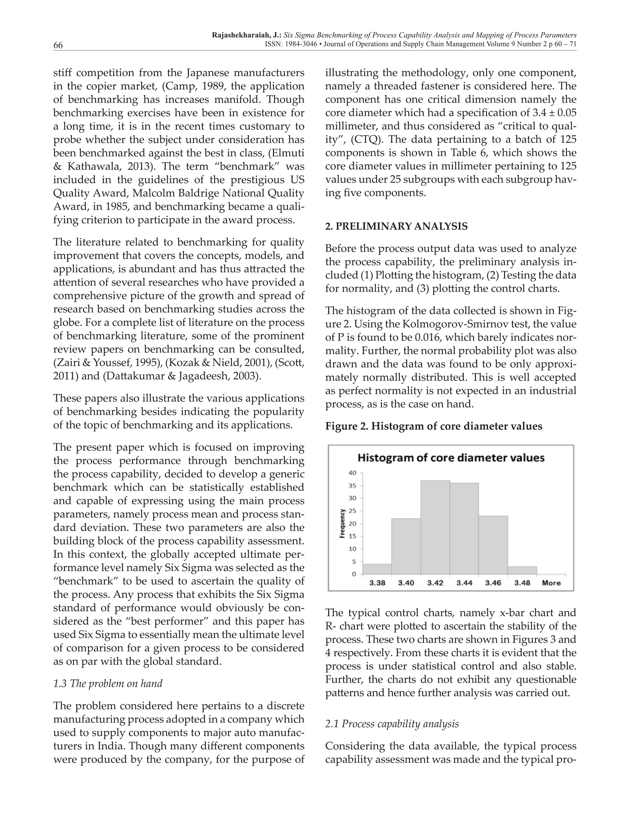 Rajashekharaiah, J.: Six Sigma Benchmarking of Process Capability Analysis and Mapping of Process Parameters
ISSN: 1984-3046 • Journal of Operations and Supply Chain Management Volume 9 Number 2 p 60 – 7166
stiff competition from the Japanese manufacturers
in the copier market, (Camp, 1989, the application
of benchmarking has increases manifold. Though
benchmarking exercises have been in existence for
a long time, it is in the recent times customary to
probe whether the subject under consideration has
been benchmarked against the best in class, (Elmuti
& Kathawala, 2013). The term “benchmark” was
included in the guidelines of the prestigious US
Quality Award, Malcolm Baldrige National Quality
Award, in 1985, and benchmarking became a quali-
fying criterion to participate in the award process.
The literature related to benchmarking for quality
improvement that covers the concepts, models, and
applications, is abundant and has thus attracted the
attention of several researches who have provided a
comprehensive picture of the growth and spread of
research based on benchmarking studies across the
globe. For a complete list of literature on the process
of benchmarking literature, some of the prominent
review papers on benchmarking can be consulted,
(Zairi & Youssef, 1995), (Kozak & Nield, 2001), (Scott,
2011) and (Dattakumar & Jagadeesh, 2003).
These papers also illustrate the various applications
of benchmarking besides indicating the popularity
of the topic of benchmarking and its applications.
The present paper which is focused on improving
the process performance through benchmarking
the process capability, decided to develop a generic
benchmark which can be statistically established
and capable of expressing using the main process
parameters, namely process mean and process stan-
dard deviation. These two parameters are also the
building block of the process capability assessment.
In this context, the globally accepted ultimate per-
formance level namely Six Sigma was selected as the
“benchmark” to be used to ascertain the quality of
the process. Any process that exhibits the Six Sigma
standard of performance would obviously be con-
sidered as the “best performer” and this paper has
used Six Sigma to essentially mean the ultimate level
of comparison for a given process to be considered
as on par with the global standard.
1.3 The problem on hand
The problem considered here pertains to a discrete
manufacturing process adopted in a company which
used to supply components to major auto manufac-
turers in India. Though many different components
were produced by the company, for the purpose of
illustrating the methodology, only one component,
namely a threaded fastener is considered here. The
component has one critical dimension namely the
core diameter which had a specification of 3.4 ± 0.05
millimeter, and thus considered as “critical to qual-
ity”, (CTQ). The data pertaining to a batch of 125
components is shown in Table 6, which shows the
core diameter values in millimeter pertaining to 125
values under 25 subgroups with each subgroup hav-
ing five components.
2. PRELIMINARY ANALYSIS
Before the process output data was used to analyze
the process capability, the preliminary analysis in-
cluded (1) Plotting the histogram, (2) Testing the data
for normality, and (3) plotting the control charts.
The histogram of the data collected is shown in Fig-
ure 2. Using the Kolmogorov-Smirnov test, the value
of P is found to be 0.016, which barely indicates nor-
mality. Further, the normal probability plot was also
drawn and the data was found to be only approxi-
mately normally distributed. This is well accepted
as perfect normality is not expected in an industrial
process, as is the case on hand.
Figure 2. Histogram of core diameter values
The typical control charts, namely x-bar chart and
R- chart were plotted to ascertain the stability of the
process. These two charts are shown in Figures 3 and
4 respectively. From these charts it is evident that the
process is under statistical control and also stable.
Further, the charts do not exhibit any questionable
patterns and hence further analysis was carried out.
2.1 Process capability analysis
Considering the data available, the typical process
capability assessment was made and the typical pro-
 