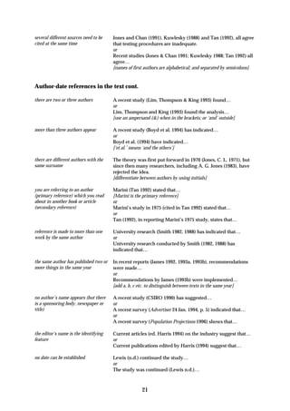several different sources need to be   Jones and Chan (1991), Kuwlesky (1988) and Tan (1992), all agree
cited at the same time                 that testing procedures are inadequate.
                                       or
                                       Recent studies (Jones & Chan 1991; Kuwlesky 1988; Tan 1992) all
                                       agree…
                                       [names of first authors are alphabetical; and separated by semicolons]


Author-date references in the text cont.

there are two or three authors         A recent study (Lim, Thompson & King 1993) found…
                                       or
                                       Lim, Thompson and King (1993) found the analysis…
                                       [use an ampersand (&) when in the brackets; or ‘and’ outside]

more than three authors appear         A recent study (Boyd et al. 1994) has indicated…
                                       or
                                       Boyd et al. (1994) have indicated…
                                       [‘et al.’ means ‘and the others’]

there are different authors with the   The theory was first put forward in 1970 (Jones, C. L. 1971), but
same surname                           since then many researchers, including A. G. Jones (1983), have
                                       rejected the idea.
                                       [differentiate between authors by using initials]

you are referring to an author         Marini (Tan 1992) stated that…
(primary reference) which you read     [Marini is the primary reference]
about in another book or article       or
(secondary reference)                  Marini’s study in 1975 (cited in Tan 1992) stated that…
                                       or
                                       Tan (1992), in reporting Marini’s 1975 study, states that…

reference is made to more than one     University research (Smith 1982, 1988) has indicated that…
work by the same author                or
                                       University research conducted by Smith (1982, 1988) has
                                       indicated that…

the same author has published two or   In recent reports (James 1992, 1993a, 1993b), recommendations
more things in the same year           were made…
                                       or
                                       Recommendations by James (1993b) were implemented…
                                       [add a, b, c etc. to distinguish between texts in the same year]

no author’s name appears (but there    A recent study (CSIRO 1990) has suggested…
is a sponsoring body, newspaper or     or
title)                                 A recent survey (Advertiser 24 Jan. 1994, p. 5) indicated that…
                                       or
                                       A recent survey (Population Projections 1996) shows that…

the editor’s name is the identifying   Current articles (ed. Harris 1994) on the industry suggest that…
feature                                or
                                       Current publications edited by Harris (1994) suggest that…

no date can be established             Lewis (n.d.) continued the study…
                                       or
                                       The study was continued (Lewis n.d.)…



                                                     21
 