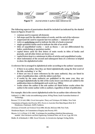 Indent    Italics             Commas           Abbreviations               Full stops
                                                                        Issue number
                      Journal title                            Volume number Page numbers

                   Figure 11          Journal article in author-date reference list



The following aspects of punctuation should be included (as indicated by the shaded
boxes in Figures 10 and 11):
    • commas used to separate all elements
    • full stops used for the abbreviation of words, and the end of the reference
    • ampersand (&) used to separate last two authors — instead of ‘and’
    • italics or underlining used to indicate the title of a book or journal
    • single quotation marks used to indicate the title of an article
    • titles of unpublished works — such as theses — are not differentiated (by
      italics, underlining or quotation marks)
    • capital letters used for first letters of main words in titles of books and
      journals, and all other letters are lower case
    • capital letters kept to a minimum in titles of articles and unpublished works
    • short indentation of the second and subsequent lines of a reference is helpful
      to show the alphabetical order

A reference list is arranged in alphabetical order according to the authors’ surnames:
    • if there is no author, then they are listed alphabetically using the first word of
      the title, excluding ‘a’ or ‘the’
    • if there are two or more references by the same author(s), they are listed in
      order of publication date, with the oldest work first
    • if works by the same author(s) are published in the same year, they are
      arranged alphabetically by title of the work; lower-case letters are added to the
      publication dates to distinguish each work (e.g. 1992a)
    • works where the author is the sole author are listed before works where the
      author is the senior author with co-authors, regardless of date of publication

For example, this is the correct alphabetical order for an author-date reference list:
Aukland, J. S. 1989, A solar airconditioning system, M Eng Thesis, South Australian Institute of
    Technology.
Browne, T. E. Jr (ed.) 1984, Circuit Interruption: Theory and Techniques, M. Dekker, New York.
Commission of Inquiry into Poverty 1975, Poverty in Australia, First Main Report (Prof. R. F.
   Henderson, Chairman), AGPS, Canberra.
Dictionary of Scientific and Technical Terms 1994, 5th edn, McGraw-Hill, New York.
Henderson Report. See Commission of Inquiry into Poverty 1975.
Meyers, A. G. & Priest, S. D. 1992, ‘A technique for moulding cylindrical discontinuous
   models’, Rock Mechanics and Rock Engineering, Technical Note, vol. 25, no. 3, pp. 207–214.
Muller, B. & Reinhardt, J. 1990, Neural Networks: An Introduction, Springer-Verlag, Berlin.




                                                    23
 
