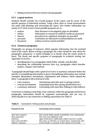 • linking sentences between sections and paragraphs

6.2.1 Logical sections
Students should consider the overall purpose of the report, and be aware of the
specific purpose of individual sections. Using a flow chart or visual representation
can assist with planning and structuring the report. (For further information see
section 3.2.2 Main sections.) Some possible purposes are to:
    •   analyse            data/literature is investigated; gaps are identified
    •   inform             information or research is outlined; results are presented
    •   instruct           procedures are explained; strategies are provided
    •   persuade           conclusions are discussed; recommendations are made
    •   document           written record is created and filed

6.2.2 Cohesive paragraphs
Paragraphs are groups of sentences which organise information into the essential
units of the report. Before writing a paragraph, the writer should be clear about the
paragraph’s purpose(s). A useful technique is to decide what the reader needs to
know. The broad and specific purposes of paragraphs in technical writing (see
Appendix G) involve:
    • describing facts (e.g. paragraphs which define, classify, and describe)
    • describing the relationship between facts (e.g. paragraphs which describe,
      analyse, compare and contrast)

A paragraph should begin with a general overview or summary statement before the
specific or exemplifying information is given. Exemplifying information may include
examples, illustrations, descriptions, explanations and evidence which expand the
ideas. A paragraph is often structured with:
    • a key sentence            (introducing main idea and/or giving context)
    • concept development       (expanding main idea/giving specifications etc.)
    • a summary statement       (concluding with main idea/linking to what follows)

Connectors or linking words help create cohesion within the paragraph and between
paragraphs. Information should be organised systematically and one way of
achieving this is to use connectors or linking expressions (see Table 5).


Table 5     Connectors / linking words and phrases

Purpose for link                Connecting word or phrase


show time/sequence              first, second, finally, shortly, immediately, soon, subsequently
show importance                 first, next, most significant, least
add ideas                       again, furthermore, additionally, indeed, moreover, another
show cause and effect           thus, since, so, therefore, as a result, hence, consequently, then
indicate a summary              in brief, finally, to conclude, in fact, indeed, on the whole



                                            32
 
