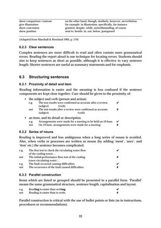 show comparison/contrast                 on the other hand, though, similarly, however, nevertheless
give illustration                        for example, in illustration, specifically, for instance
show concession                          granted, despite, while, notwithstanding, of course
show position                            next to, beside, in, out, below, juxtaposed


(Adapted from Marshall & Rowland 1993, p. 174)

6.2.3 Clear sentences
Complex sentences are more difficult to read and often contain more grammatical
errors. Reading the report aloud is one technique for locating errors. Students should
aim to keep sentences as short as possible, although it is effective to vary sentence
length. Shorter sentences are useful as summary statements and for emphasis.


6.3       Structuring sentences
6.3.1 Proximity of detail and item
Reading information is easier and the meaning is less confused if the sentence
components are kept close together. Care should be given to the proximity of:
       • the subject and verb (person and action)
          e.g.    The test results were confirmed as accurate after a review.      ✔
                  (subject)         (verb)
          not     The test results after a review were confirmed as accurate.      ✘
                  (subject)                         (verb)
       • an item, and its detail or description
          e.g.    Arrangements were made for a meeting to be held on 19 June.      ✔
          not     On 19 June, arrangements were made for a meeting.                ✘

6.3.2 Series of nouns
Reading is improved and less ambiguous when a long series of nouns is avoided.
Also, when verbs or processes are written as nouns (by adding ‘ment’, ‘ance’, and
‘tion’ etc.) the sentence becomes complicated.
e.g.      The first test to check the circulating water flow                       ✔
          of the cooling tower…
not       The initial performance flow test of the cooling                         ✘
          tower circulating water…
e.g.      The fault occurred causing difficulties.                                 ✔
not       The occurrence of the fault caused difficulties.                         ✘

6.3.3 Parallel construction
Items which are listed or grouped should be presented in a parallel form. ‘Parallel’
means the same grammatical structure, sentence length, capitalisation and layout.
e.g.      Reading is easier than writing.                                          ✔
not       Reading is easier than to write.                                         ✘

Parallel construction is critical with the use of bullet points or lists (as in instructions,
procedures or recommendations).


                                                     33
 