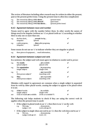 The review of literature including other research may be written in either the present,
past or the present perfect tense. Using the present tense is often less complicated.
e.g.      The research by Elberg (1993) shows…                (present tense)
e.g.      The research by Elberg (1993) showed…               (past tense)
e.g.      The research by Elberg (1993) has shown…            (present perfect tense)

6.4.3 Agreement between noun and number
Nouns need to agree with the number before them. In other words the names of
things need to be singular (without an ‘s’) or plural (with an ‘s’) according to whether
there is only one or more than one.
e.g.      the first check_          …several checks…                                    ✔
          (singular)                (plural)
e.g.      a pilot program_          …three pilot programs                               ✔
          (singular)                (plural)

Some nouns do not use an ‘s’ to indicate whether they are singular or plural.
e.g.      three pieces of equipment_ ; much information_                                ✔

6.4.4 Agreement between subject and verb
In a sentence, the subject and verb must agree in relation to number and to person:
e.g.      The results                        …are available                             ✔
          (plural subject)                   (plural verb)
e.g.      The organisation                   …is progressing                            ✔
          (single subject)                   (single verb)
e.g.      I                                  …am responsible                            ✔
          (first person subject)*            (matching verb)
e.g.      They                               …are responsible                           ✔
          (third person subject)             (matching verb)

Mistakes with regard to agreement are common when a single subject is separated
from its verb by other plural words, causing the subject to appear to be plural when
it is not.
e.g.      A list of results                  …is available.                             ✔
          (single subject)                   (single verb)
not       A list of results are available.   (A list are available??)                   ✘

The following rule helps students to check if they are using the correct verb (it
applies when the present tense is used):
       • if the subject is plural (ends in an ‘s’ ), then there is no ‘s’ on the verb
          e.g.    The tests                  …demonstrate_                              ✔
                  (subject +‘s’)             (verb with no ‘s’)
       • if the subject is single (does not end in an ‘s’), then the verb does end in an ‘s’
          e.g.    The test_                  …demonstrates                              ✔
                  (subject with no ‘s’)      (verb +‘s’)




                                                       35
 