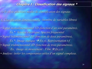 20
Chapitre I : Classification des signaux *
 Il existe plusieurs modes de classification des signaux
A. Classification d...