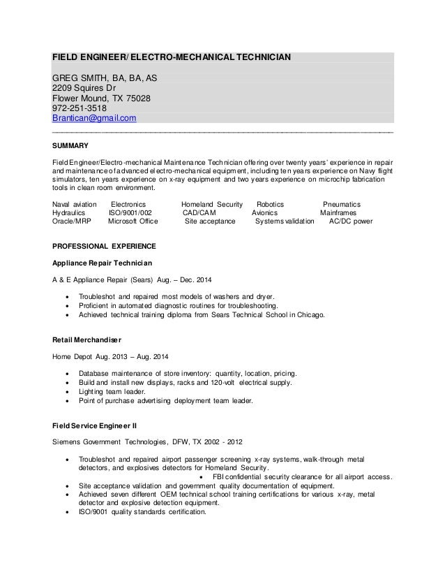 greg smiths resume electro mechanical technician resumes