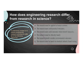 How does engineering research differ
from research in science?
A preliminary answer is to
require engineering
research activities to fulfill
all of the following
objectives:
 