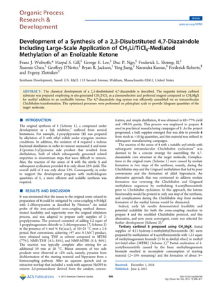 Development of a Synthesis of a 2,3-Disubstituted 4,7-Diazaindole
Including Large-Scale Application of CH3Li/TiCl4‑Mediated
Methylation of an Enolizable Ketone
Franz J. Weiberth,* Harpal S. Gill,‡
George E. Lee,‡
Duc P. Ngo,‡
Frederick L. Shrimp, II,‡
Xuemin Chen,‡
Geoﬀrey D’Netto,‡
Bryan R. Jackson,‡
Ying Jiang,‡
Narendra Kumar,§
Frederick Roberts,§
and Evgeny Zlotnikov‡
Synthesis Development, Sanoﬁ U.S. R&D, 153 Second Avenue, Waltham, Massachusetts 02451, United States
ABSTRACT: The chemical development of a 2,3-disubstituted 4,7-diazaindole is described. The requisite tertiary carbinol
substrate was prepared employing in situ-generated CH3TiCl3 as a chemoselective and preferred reagent compared to CH3MgX
for methyl addition to an enolizable ketone. The 4,7-diazaindole ring system was eﬃciently assembled via an intramolecular
Chichibabin transformation. The optimized processes were performed on pilot-plant scale to provide kilogram quantities of the
target molecule.
■ INTRODUCTION
The original synthesis of 1 (Scheme 1), a compound under
development as a Syk inhibitor,1
suﬀered from several
limitations. For example, 2-propylpyrazine (4) was prepared
by alkylation of 2 with ethyl iodide under cryogenic reaction
conditions. In addition, the isolation of 4 required a tedious
fractional distillation in order to remove unreacted 2 and some
2-(pentan-3-yl)pyrazine side product that resulted from
diethylation, both of which subsequently generated related
impurities in downstream steps that were diﬃcult to remove.
Also, the reaction of the anion of 4 with the nitrile 5 and
subsequent cyclization provided 6 in only about 25% yield. The
overall yield of 1 was only about 12%. Consequently, in order
to support the development program with multi-kilogram
quantities of 1, a more eﬃcient and scalable synthesis was
required.
■ RESULTS AND DISCUSSION
It was envisioned that the issues in the original route related to
preparation of 4 could be mitigated by cross-coupling n-PrMgX
with 2-chloropyrazine as described by Fürstner.2
An initial
probe of the iron-catalyzed cross-coupling method demon-
strated feasibility and superiority over the original ethylation
process, and was adapted to prepare early supplies of 2-
propylpyrazine. The protocol consisted of adding 1.2 equiv of
1-propylmagnesium chloride to 2-chloropyrazine (7, Scheme 2)
in the presence of 5 mol % Fe(acac)3 at 10−25 °C over a 2-h
period. Best conversions, achieving >97 area % (A%3
) product,
were obtained using THF as solvent compared to MTBE
(77%), NMP/THF (4:1; 55%), and NMP:MTBE (1:1; 94%).
The reaction was typically complete after stirring for an
additional 10 min at 20 °C. Minor amounts of two side
products were observed at <2% each, namely, pyrazine from
dechlorination of the starting material and bipyrazine from a
homocoupling pathway. After an aqueous quench and an
extractive workup that included a wash with aqueous NaOH to
remove 2,4-pentanedione derived from the catalyst, concen-
tration, and simple distillation, 4 was obtained in 62−77% yield
and >99.5% purity. This process was employed to prepare 4
used in preclinical manufacturing campaigns of 1. As the project
progressed, a bulk supplier emerged that was able to provide 4
from stock in >10-kg quantities, and this material was utilized in
subsequent manufacturing campaigns.
The reaction of the anion of 4 with a suitable aryl nitrile with
subsequent intramolecular Chichibabin cyclization4
was
deemed to be a concise strategy for assembling the 4,7-
diazaindole core structure in the target molecule. Complica-
tions in the original route (Scheme 1) were caused by enolate
formation in two steps of the synthesis, namely, during the
Chichibabin step and the Grignard methylation that led to poor
conversions and the formation of aldol byproducts. An
alternative approach that was envisioned to address enolate
formation was reversing the Chichibabin and Grignard
methylation sequences by methylating 4-acetylbenzonitrile
prior to Chichibabin cyclization. In this approach, the ketone
functionality would be present in only one step of the synthesis,
and complications during the Chichibabin step from enolate
formation of the methyl ketone would be eliminated.
Indeed, early lab results demonstrated feasibility and
potential scalability for both the cross-coupling reaction to
prepare 4 and the modiﬁed Chichibabin protocol, and this
alternative, and now more convergent, route was selected for
further development (Scheme 2).5
Tertiary carbinol 8 prepared using CH3MgX. Initial
supplies of 4-(1-hydroxy-1-methylethyl)benzonitrile (8) were
prepared by methylation of 4-acetylbenzonitrile with 1.25 equiv
of methylmagnesium bromide (3 M in diethyl ether) in methyl
tert-butyl ether (MTBE) (Scheme 3).6
Partial enolization of 4-
acetylbenzonitrile caused by the basic methylmagnesium
bromide resulted in incomplete consumption of starting
material (2−15% remaining) and the formation of about 5−
Received: December 1, 2014
Published: June 2, 2015
Article
pubs.acs.org/OPRD
© 2015 American Chemical Society 806 DOI: 10.1021/op5003769
Org. Process Res. Dev. 2015, 19, 806−811
 