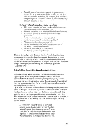 15
o Does the student show an awareness of his or her own
perspective as a knower in relation to other perspectives,
such as those that may arise, for example, from academic
and philosophical traditions, culture or position in society
(gender, age, and so on)?
2. Quality of analysis of knowledge questions
o This aspect is concerned only with knowledge questions
that are relevant to the prescribed title.
o Relevant questions to be considered include the following.
o What is the quality of the inquiry into knowledge
questions?
o Are the main points in the essay justified?
o Are the arguments coherent and compelling?
o Have counterclaims been considered?
o Are the implications and underlying assumptions of
the essay’s argument identified?
o Are the arguments effectively evaluated?
(IB Theory of Knowledge Guide)
These criteria align with Howard Gardner’s skill of synthesizing
information for attaining deep knowledge. The writing process
entails critical thinking to select and filter out information to find
out what is relevant, using real-life examples and concepts that offer
insight and cogency in answering the knowledge question.
(Lagemaat 599)
3. Scaffolding theory: the Australian Vygotskyans
Pauline Gibbons, David Rose, and J.R. Martin are the Australian
Vygotskyans. As an immigrant country, Australia has been
confronted with the problem of integrating many young second
language learners. Lev Vygotsky was a Russian scientist who stated
that learning occurs within the proximal zone of development in
meaningful social contexts.
Up to now, the teachers’ role has been to help unpack the prescribed
titles, and to give one round of general feedback after the first draft
has been handed in. One might say that some students are being
asked to carry out essay organizing they are not quite ready for.
This means that more guided practice on essay writing is necessary.
The implications of scaffolding are clear as meaningful learning
occurs where;
At no time are students asked to carry out
alone a task with which they are not familiar,
yet at the same time they are constantly being
‘stretched’ in their language development and
expected to take responsibility for those tasks
they are capable of doing alone. (Gibbons 125)
 