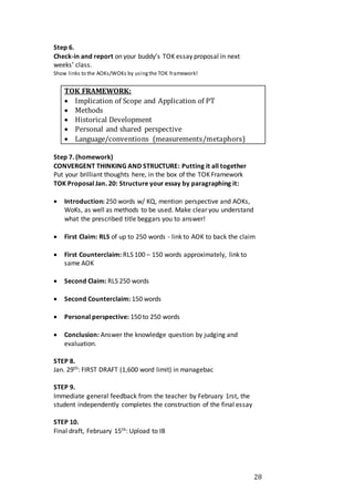 28
Step 6.
Check-in and report on your buddy’s TOK essay proposal in next
weeks’ class.
Show links to the AOKs/WOKs by usingthe TOK framework!
TOK FRAMEWORK:
 Implication of Scope and Application of PT
 Methods
 Historical Development
 Personal and shared perspective
 Language/conventions (measurements/metaphors)
Step 7. (homework)
CONVERGENT THINKING AND STRUCTURE: Putting it all together
Put your brilliant thoughts here, in the box of the TOK Framework
TOK Proposal Jan. 20: Structure your essay by paragraphing it:
 Introduction: 250 words w/ KQ, mention perspective and AOKs,
WoKs, as well as methods to be used. Make clear you understand
what the prescribed title beggars you to answer!
 First Claim: RLS of up to 250 words - link to AOK to back the claim
 First Counterclaim: RLS 100 – 150 words approximately, link to
same AOK
 Second Claim: RLS 250 words
 Second Counterclaim: 150 words
 Personal perspective: 150 to 250 words
 Conclusion: Answer the knowledge question by judging and
evaluation.
STEP 8.
Jan. 29th: FIRST DRAFT (1,600 word limit) in managebac
STEP 9.
Immediate general feedback from the teacher by February 1rst, the
student independently completes the construction of the final essay
STEP 10.
Final draft, February 15th: Upload to IB
 