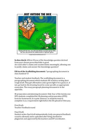 29
In duo check: Affirm if focus of the knowledge question derived
from your chosen prescribed title is good.
Are each other’s claims and counterclaims meaningful, allowing one
to justify claims and answer the knowledge question?
Fill-in of the Scaffolding document: *paragraphing document in
class handout! 
Teacher and student feedback. The scaffolding document is a
paragraphing document which students fill in before writing their
rough draft. They get affirmation and a green light if it is good, or, if
not, go back to the drawing board to come up with an appropriate
essay plan. The essay paragraph planning document is in the
appendix.
IB preparation and planning document: Only four of the twenty-one
DP2 students completed the IB planning and preparation (PPD)
form for homework. It is quite abstract, so students tend to
complete it as a requirement right before the IB upload in February.
First Draft:
Teacher Feedback round
Final Draft:
Student writes final draft independently (only one general feedback
round is allowed) and is uploaded after being checked for
plagiarism and approved by the teachers and DP coordinator.
 
