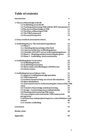 3
Table of contents
Introduction 4
1. TheoryofKnowledgeintheIB 8
1.1 ScaffoldingacrosstheIB 8
1.2 Teachingandlearning TOKwiththe MYP unit planner 8
1.3TheAreasofKnowledge inTOK 11
1.4 TheWays ofKnowing ofTOK 11
1.5 TheTOK Framework 11
1.6 Personal Perspective 13
2. Essayresults& assessmentcriteria 14
3. Scaffoldingtheory:TheAustralianVygotskyans 15
3.1 Phase1 15
3.1.1 Buildingtheknowledgeofthefield 16
3.1.2 Surveysofthe fourscaffoldingphases 18
3.1.3 October2015 DP1 surveyinthe beginningphases 19
3.2 Phase2 - Modelinganddeconstructingthegenre 22
3.3 Phase3 - Scaffolding -Jointconstruction 23
4. Scaffoldingphase3 inpractice 25
4.1 Scaffoldinglessons 25
4.2 Scaffoldinglessonplan 27
4.3 ObservationofScaffoldinginaDP2Blesson 30
4.4 Check-induos 30
5. ScaffoldingSurveysof phases3&4 31
5.1 Inquirers:Askingknowledgequestions 31
5.2 TOK framework 32
5.3 Evidencebasedwriting:useofreal-lifesituations 33
5.4 Open-mindedness 34
5.5 AssessmentCriteria:Understandingthecriteriaofthe TOK
essay 35
5.6 Transferofknowledgeanddeeplearning 36
5.7 Design– Constructingessaysindependently 37
5.8 PlanningandstructuringTOK essays 38
5.9 I can compareand contrastthe TOK framework&
perspectives 39
5.10 Phasefour:Independentinquirers,critical thinkers,and
writers 40
5.11 Teacherscaffolding 41
Conclusion 42
Works cited 44
Appendix 45
 