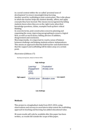 7
in a social context within the so-called ‘proximal zone of
development’ to ensure meaningful deep learning.
Another word for scaffolding is joint construction. This is the phase
in which the teacher helps the student identify, affirm, and apply
concepts they have learned. This means encouragement by letting
students know when they are on the right track, when their
knowledge questions, claims, examples back up their critical
thinking.
In concrete terms, joint construction concerns planning and
organizing the essay, improving paragraphing to ensure a logical
flow, as well as word choice, linking phrases of addition,
disagreement and conclusion.
Most importantly, it is important to reach a sense of balance
between challenge and helping students achieve independence.
This means an approach whereby both teacher and student know
that the support and scaffolding will be taken away at a certain
point.
Illustration (Gibbons 17)
Methods
This project is a longitudinal study from 2015-2016, using
observations and surveys to ascertain to what extent the scaffolding
approach to teaching and learning has added educational value.
IB exam results will only be available after this paper has been
written, so results fall outside the scope of this paper.
 