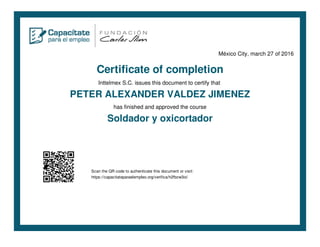 México City, march 27 of 2016
Certificate of completion
Inttelmex S.C. issues this document to certify that
PETER ALEXANDER VALDEZ JIMENEZ
has finished and approved the course
Soldador y oxicortador
Scan the QR code to authenticate this document or visit:
https://capacitateparaelempleo.org/verifica/h2fbzw3io/
 