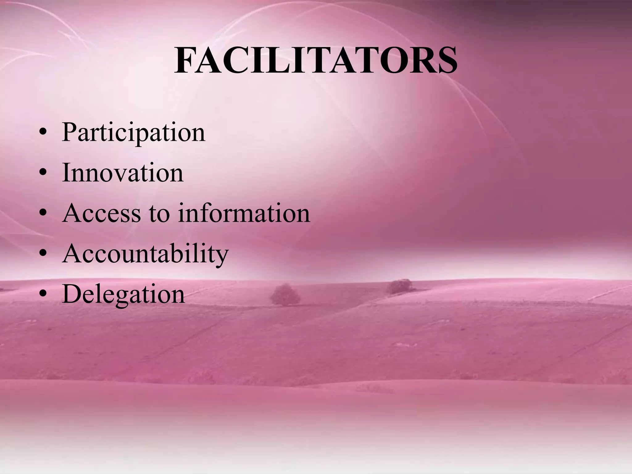 FACILITATORS
• Participation
• Innovation
• Access to information
• Accountability
• Delegation
 
