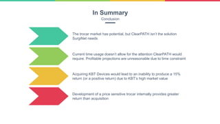 The trocar market has potential, but ClearPATH isn’t the solution
SurgiNet needs
Current time usage doesn’t allow for the attention ClearPATH would
require. Profitable projections are unreasonable due to time constraint
Acquiring KBT Devices would lead to an inability to produce a 15%
return (or a positive return) due to KBT’s high market value
Development of a price sensitive trocar internally provides greater
return than acquisition
In Summary
Conclusion
 