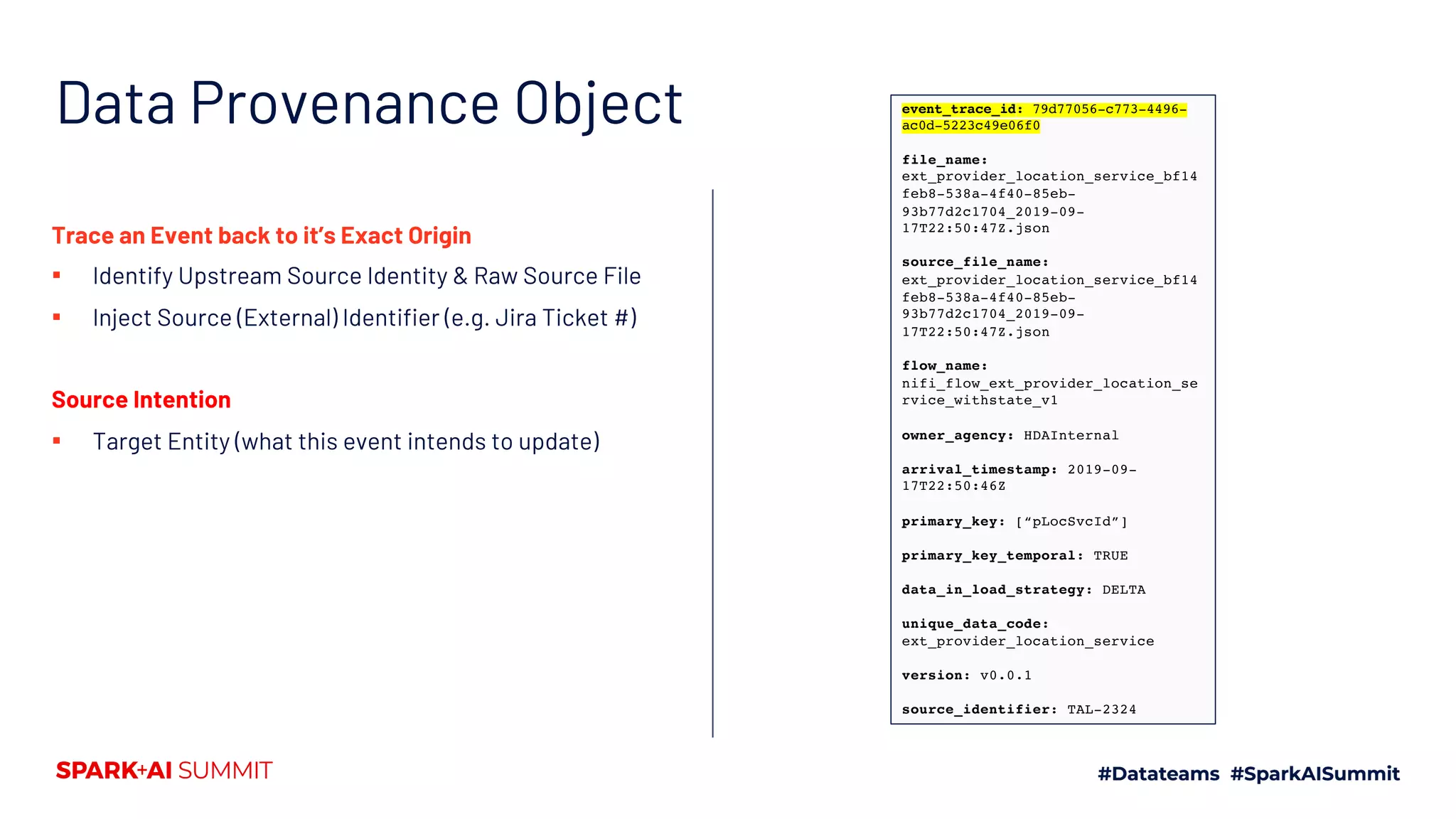 Data Provenance Object event_trace_id: 79d77056-c773-4496-
ac0d-5223c49e06f0
file_name:
ext_provider_location_service_bf14
feb8-538a-4f40-85eb-
93b77d2c1704_2019-09-
17T22:50:47Z.json
source_file_name:
ext_provider_location_service_bf14
feb8-538a-4f40-85eb-
93b77d2c1704_2019-09-
17T22:50:47Z.json
flow_name:
nifi_flow_ext_provider_location_se
rvice_withstate_v1
owner_agency: HDAInternal
arrival_timestamp: 2019-09-
17T22:50:46Z
primary_key: [“pLocSvcId”]
primary_key_temporal: TRUE
data_in_load_strategy: DELTA
unique_data_code:
ext_provider_location_service
version: v0.0.1
source_identifier: TAL-2324
Trace an Event back to it’s Exact Origin
▪ Identify Upstream Source Identity & Raw Source File
▪ Inject Source (External) Identifier (e.g. Jira Ticket #)
Source Intention
▪ Target Entity (what this event intends to update)
 
