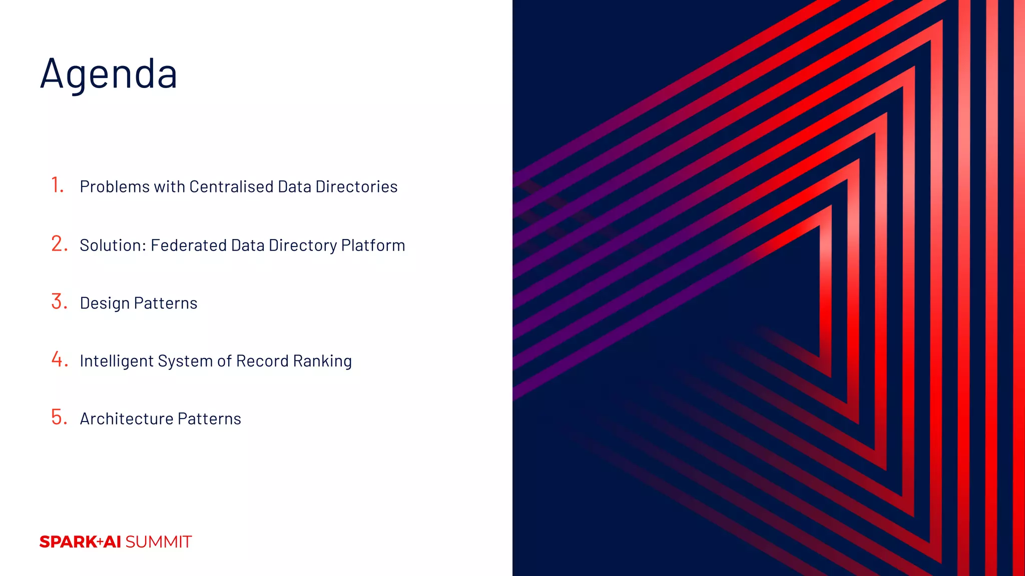 Agenda
1. Problems with Centralised Data Directories
2. Solution: Federated Data Directory Platform
3. Design Patterns
4. Intelligent System of Record Ranking
5. Architecture Patterns
 