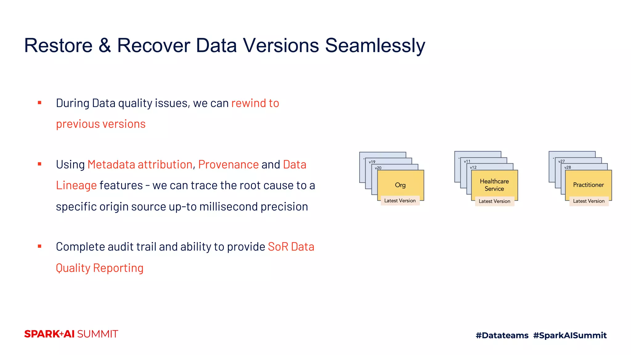 Restore & Recover Data Versions Seamlessly
▪ During Data quality issues, we can rewind to
previous versions
▪ Using Metadata attribution, Provenance and Data
Lineage features - we can trace the root cause to a
specific origin source up-to millisecond precision
▪ Complete audit trail and ability to provide SoR Data
Quality Reporting
 