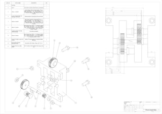 6
8 7 4
5 9
11
1
3
2
10
9
11
11
11
10
10
10
2.37
2.75
2.71
3.05
3.80
R0.05 X 2
6.40
7.20
7.30
7.35
7.39
7.73
1.50
1.50
ITEM NO. PART NUMBER DESCRIPTION QTY.
1 Housing 1
2 shaft 1 Not shaft of interest (dimensions unneeded) 1
3 Gear 1, Custom
Rush Gears, Helical, Helix Angle = 30, 33
teeth, Hub Diam = .7 in., Hub Length = .25 in.,
Steel, Bore Diam = .5 in., Keyway Width = .1
in., Keyway Depth = .08in. (Keyway as long
as gear)
1
4
Custom-Made Shaft, No
Bearings Attached Dimensioned in Drawing for Second Shaft 1
5 Gear 2, Custom
Rush Gears, Helical, Transverse Pitch = 11,
Pressure Angle = 14.5, Helix Angle = 30, 11
Teeth, Hub Diam = .7 in., Hub Length = .1 in.,
Steel, Bore Diam = .5in, Keyway Width = .1
in., Keyway Depth = .05 in. (Keyway Length
of gear)
1
6 Gear 3, Custom
Rush Gears, Spur, Pitch = 11, Pressure Angle =
20, 33 Teeth, Hub Diam = .7 in., Hub Length =
.25 in., Steel, Bore Diam = .5in, Keyway Width
= .1 in., Keyway Depth = .08 in. (Keyway
length of gear)
1
7
Custom-made, includes
roller-bearings. Not shaft of interest 1
8 Gear 4, Custom
Rush Gears, Spur, Pitch = 11, Pressure Angle =
20, 11 Teeth, Hub Diam = .7 in., Hub Length =
.5in., Steel, Bore Diam = .5in, Keyway Width =
.1 in., Keyway Depth = .05 in.
1
9
Inner P/N A4050, Outer P/N
A4138
Timken TS Type Single-Row Tapered Roller
Bearing
2
10 Bolt (FMW Fasteners
Standard Part) Hex Bolts, SAE Grade 2 Steel, 3/4"-10 x 2" 4
11
Fastenal Part No. (SKU):
36554
3/4"-10 ASTM A194 2-H Plain Finish Heavy Hex
Nut
4
Final Assembly
Randall Lenarz
WEIGHT:
A1
SHEET 1 OF 1SCALE:1:2
DWG NO.
TITLE:
REVISION: NewDO NOT SCALE DRAWING
MATERIAL:
DATESIGNATURENAME
DEBUR AND
BREAK SHARP
EDGES
FINISH:UNLESS OTHERWISE SPECIFIED:
DIMENSIONS ARE IN MILLIMETERS
SURFACE FINISH:
TOLERANCES:
LINEAR:
ANGULAR:
Q.A
MFG
APPV'D
CHK'D
DRAWN
 