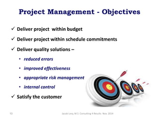 Project Management - Objectives
 Deliver project within budget
 Deliver project within schedule commitments
 Deliver qu...